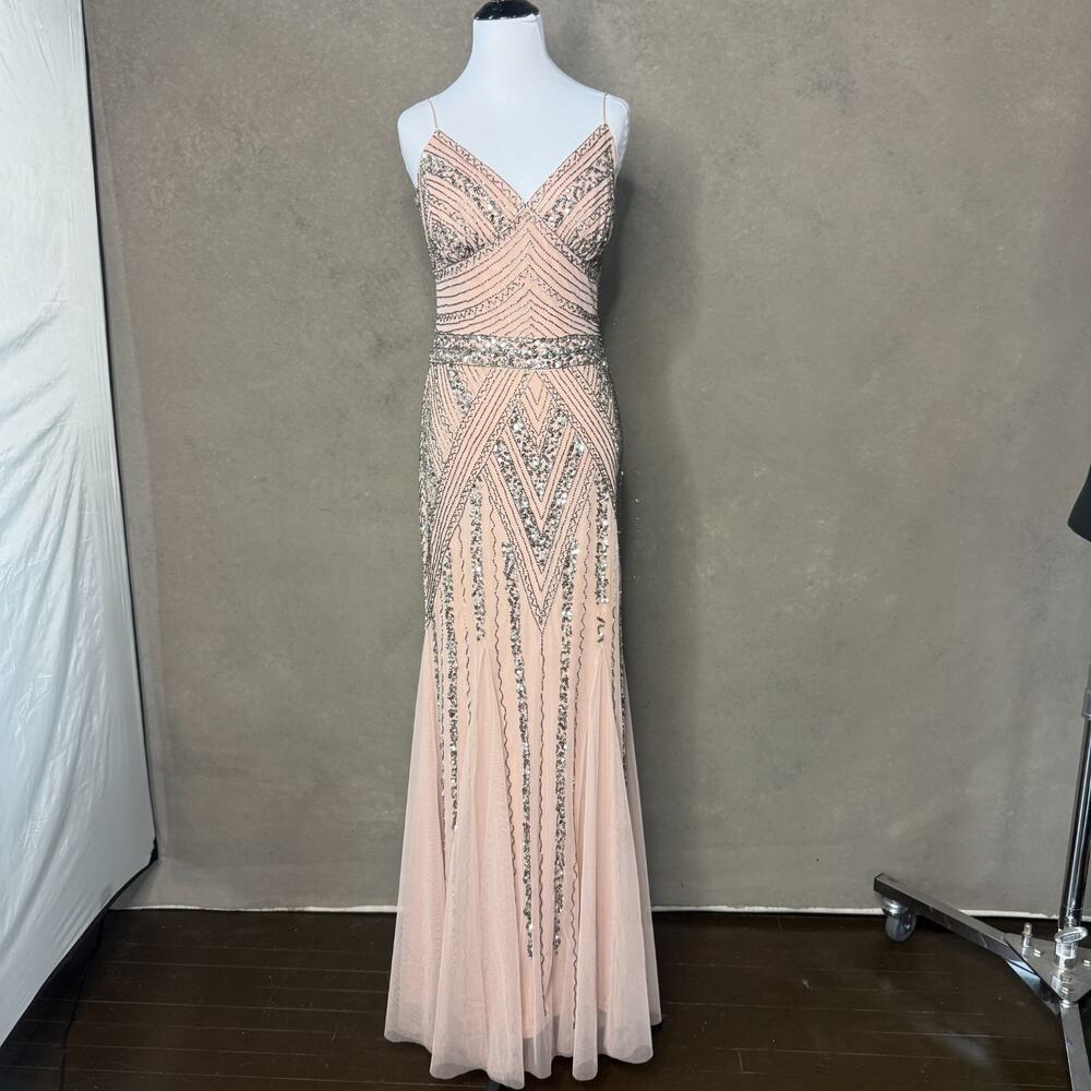 Marina Art Deco Beaded Sequin Mermaid Gown Blush Silver Gatsby Size 8